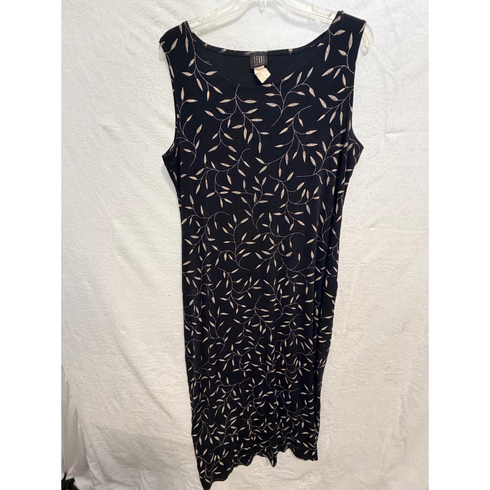 Teddi Dresses Women Black Tan Leaf Print Sleeveless Scoop Neck Midi Dress XL y2k